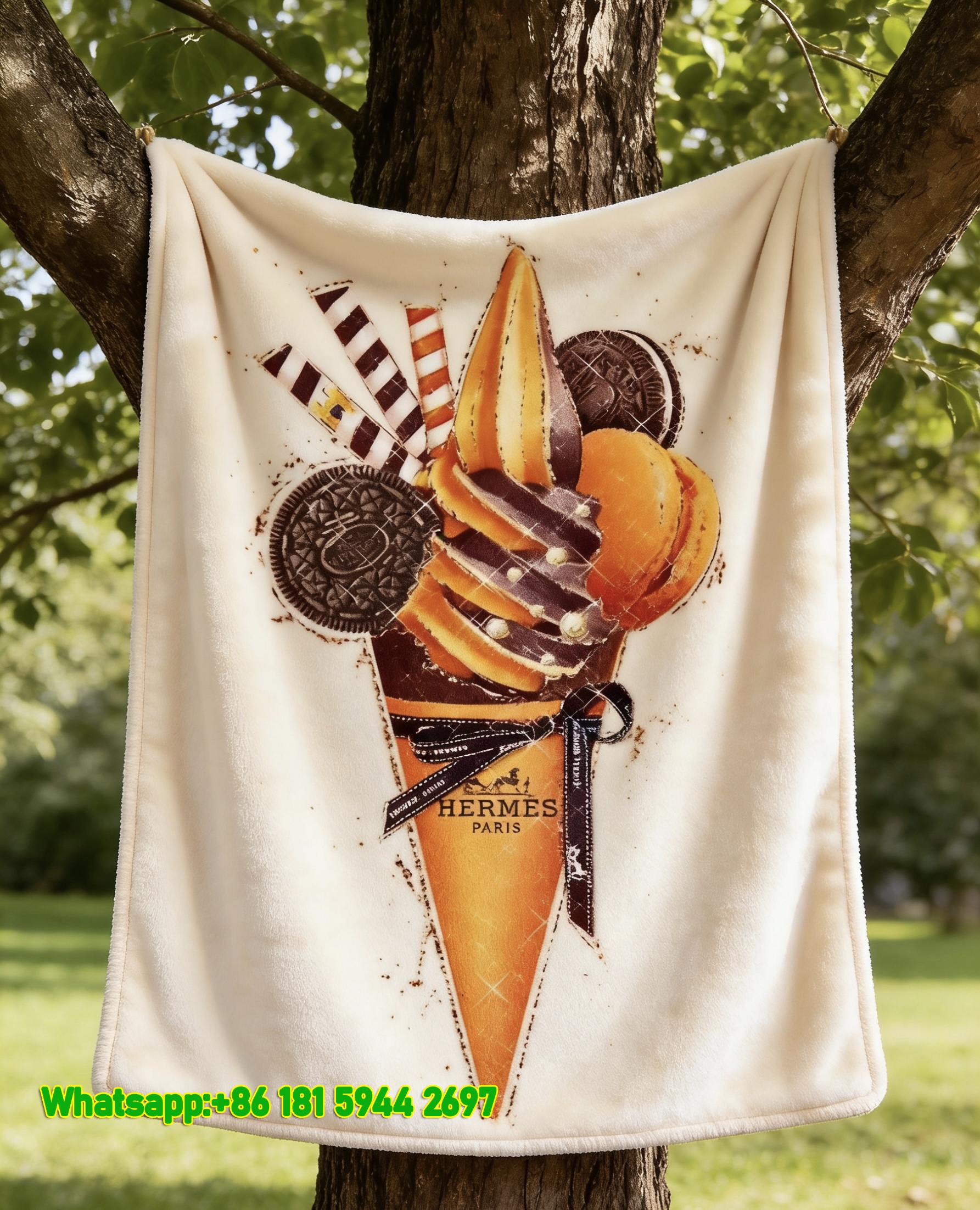 Luxury Hermès Orange Ice Cream Flannel Throw Blanket IMG_4943